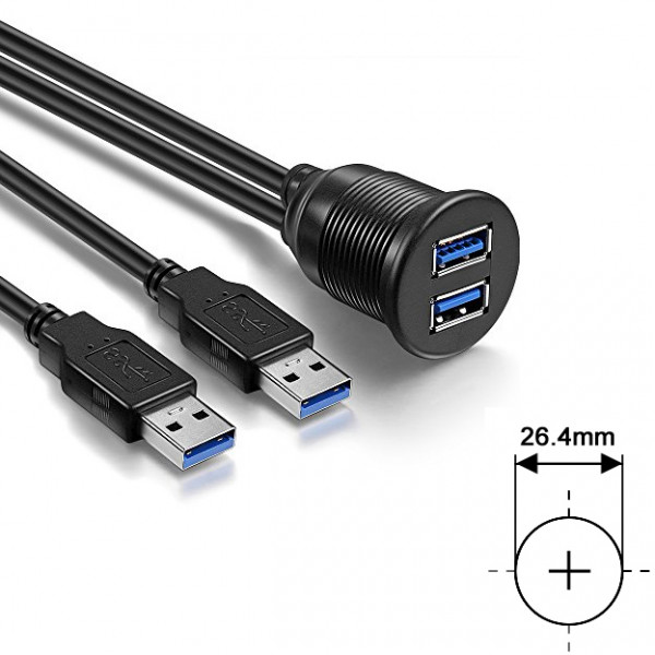 AMPIRE XUD060 Doppel-USB-A Einbaubuchse mit 60cm Kabel